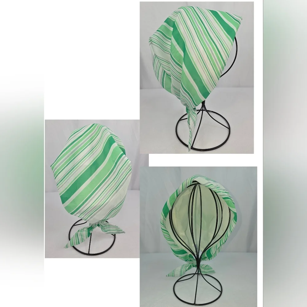 Vintage 60s Cathys Striped Green Tied Structured Head Scarf 3395-Z - Picture 5 of 12